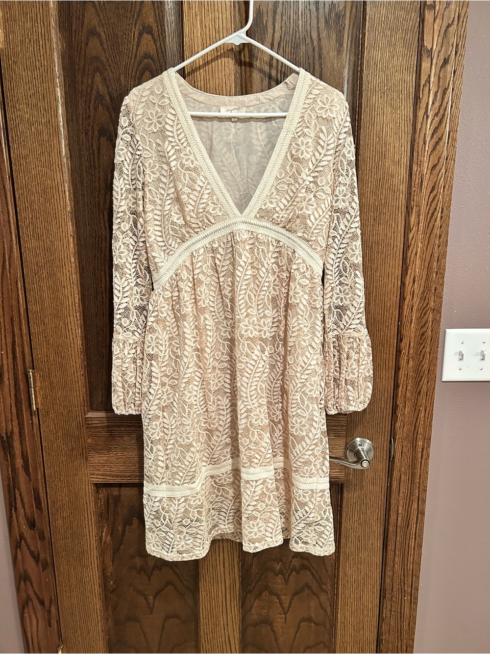 Mystree Cream Lace Long Sleeve V-Neck Dress